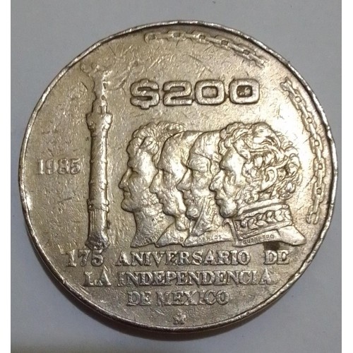 MÉXICO  200 PESOS ANIVERSÁRIO DE 175 ANOS  DA  INDEPENDÊNCIA  ANO 1985