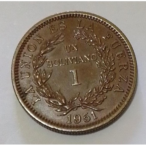 BOLIVIA 1 BOLIVIANO ANO 1951