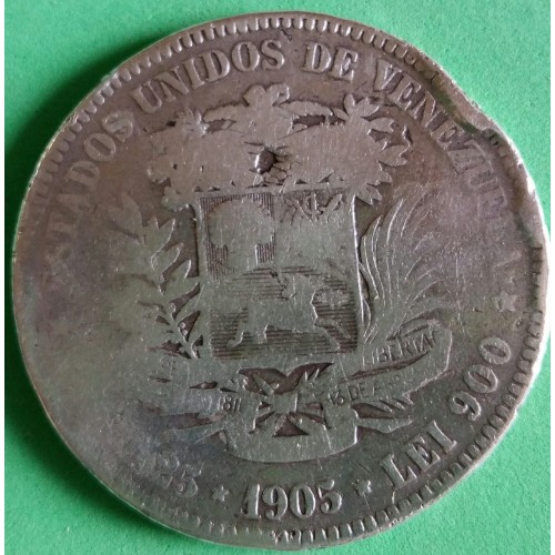 VENEZUELA 2 BOLIVARES  DE PRATA ANO 1905