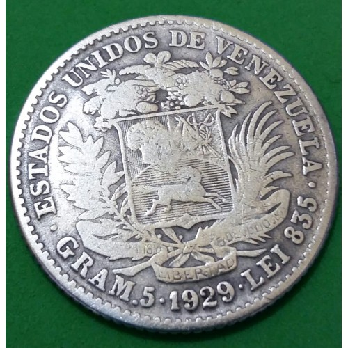 VENEZUELA 1/2 BOLIVAR DE PRATA ANO 1929